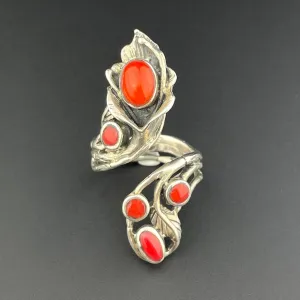 Vintage Silver Coral Arts and Crafts Style Wrap Ring, Sz 8.5