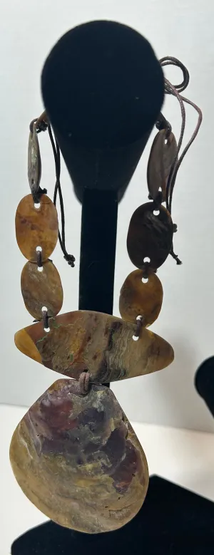 Vintage Statement Necklace Made of Natural Polished Shells on Brown Cord – Earthy Boho Jewelry