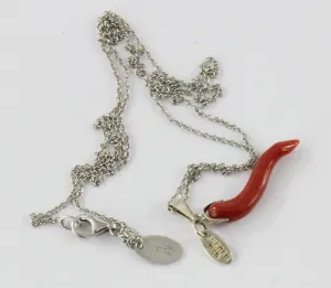 Vintage Sterling Silver & Red Coral Italy Amedeo Italian Cornicello Necklace