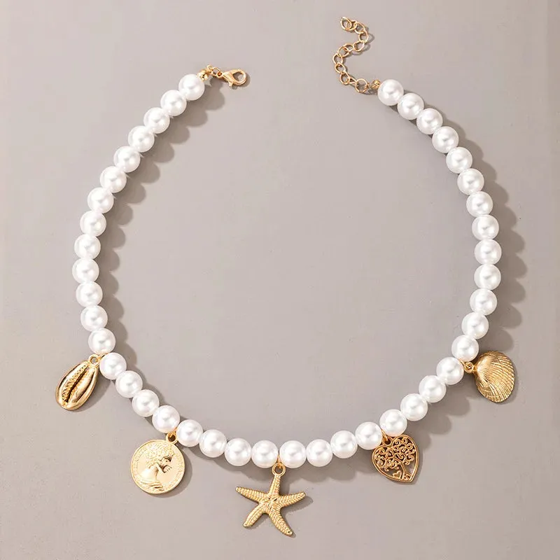 Vintage Style Simple 6MM Pearl Chain Choker Necklace For Women Wedding Love Shell Pendant Necklace