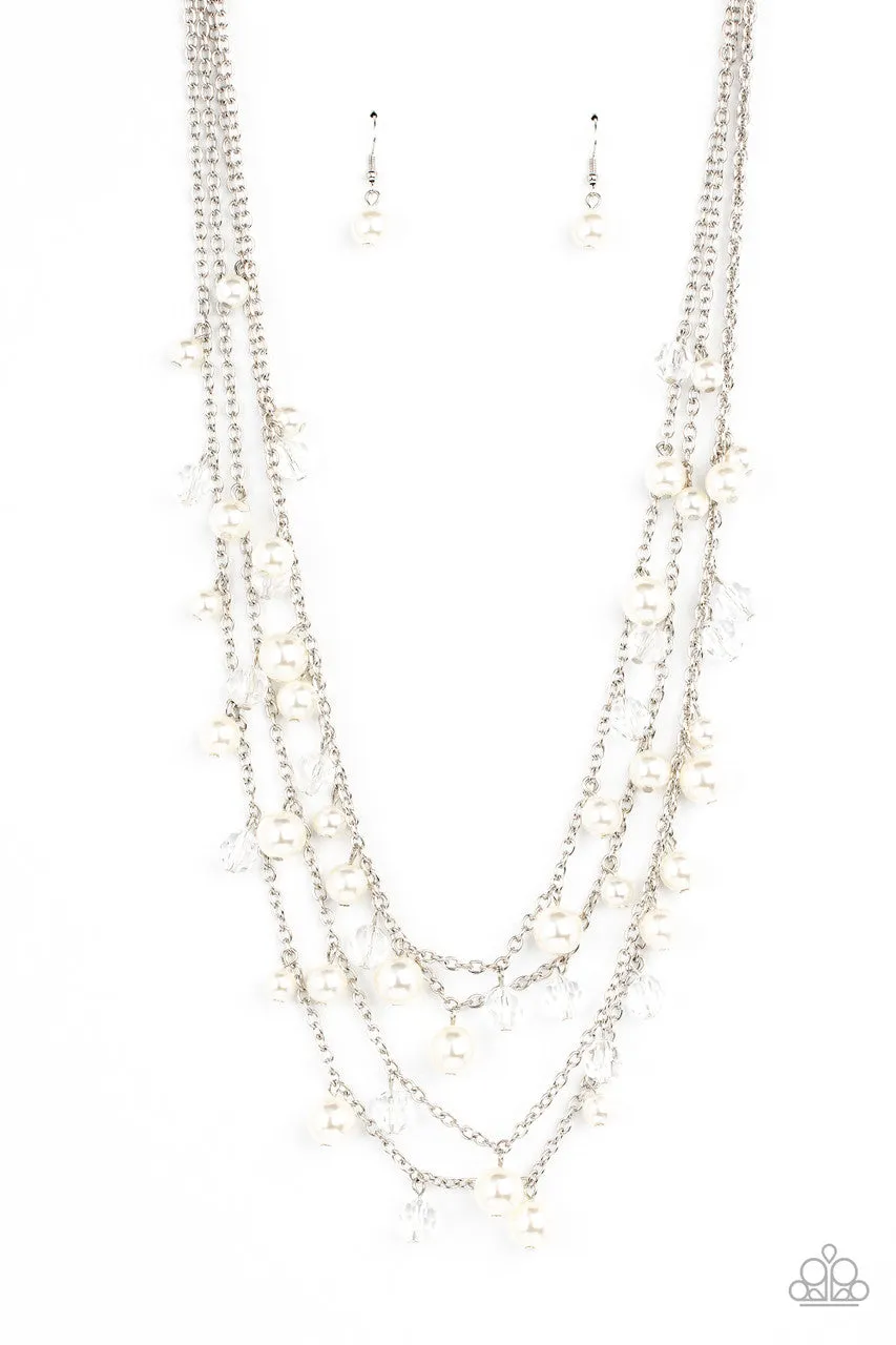 Vintage Virtuoso - White - Peal and Crystal Bead Tiered Paparazzi Necklace
