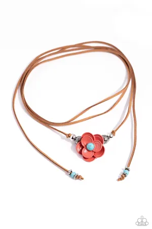 Wanderlust Wrap - Blue - Stone Bead Center Flower Brown Suede Paparazzi Necklace