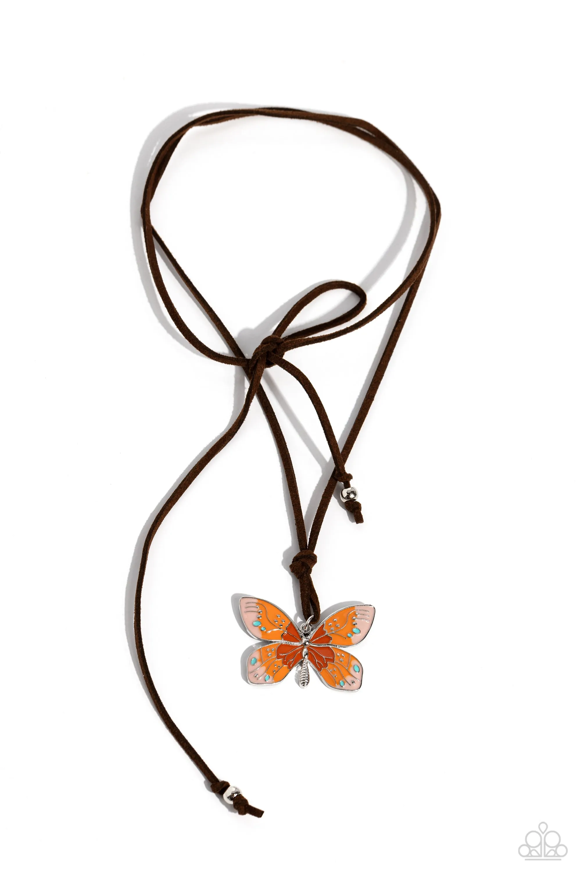 Winged Wanderer - Orange - Ombre Painted Butterfly Paparazzi Cord Necklace