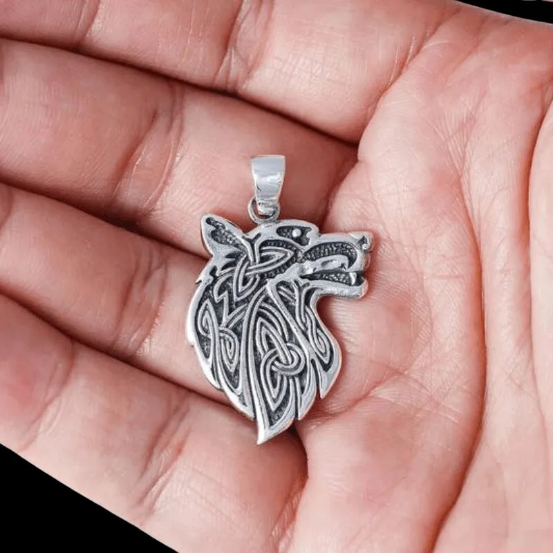 Wolf Fenrir Head Motif Norse Amulet 925 STERLING SILVER PENDANT