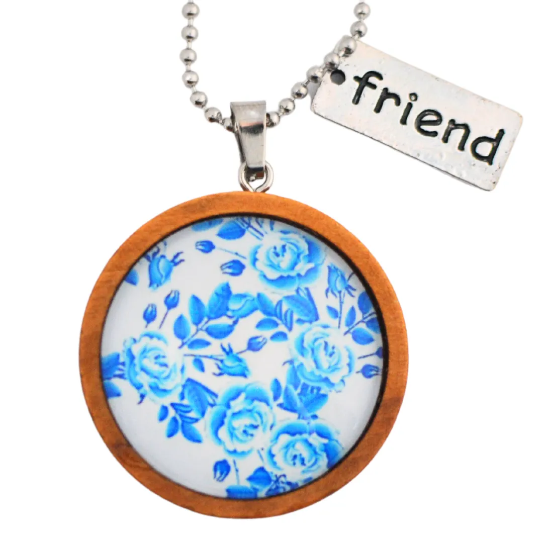 Wood Pendant Blue Rose