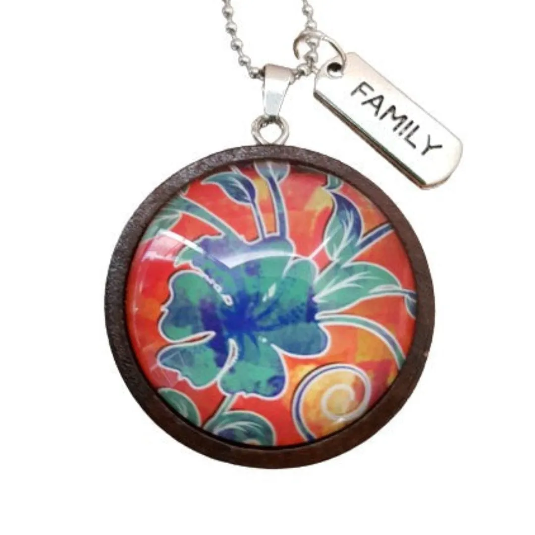Wood Pendant Teal Flower