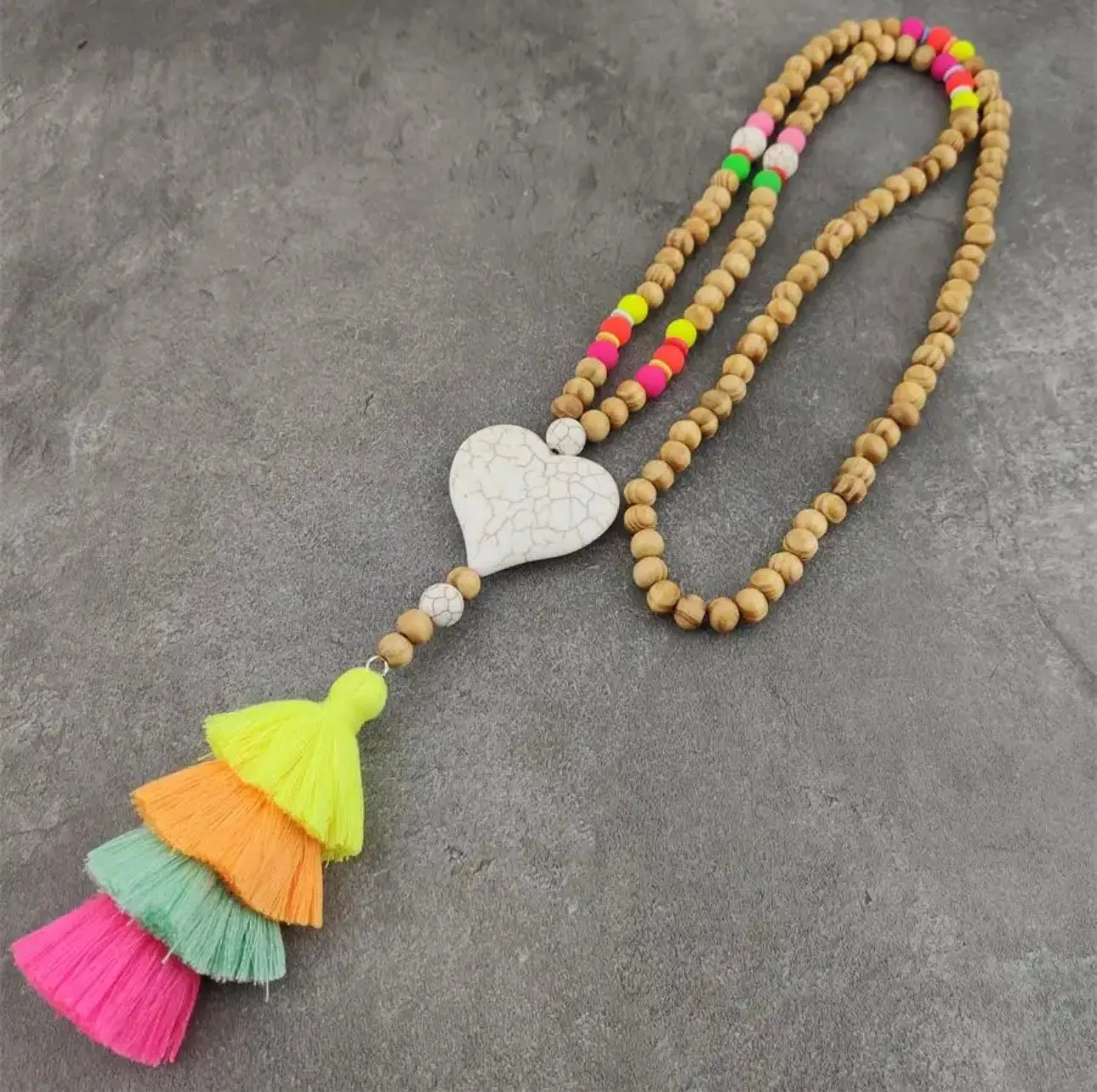 Wooden Beads with Heart/Circle Magnesite and Cotton Tassel | Erika Williner Designs