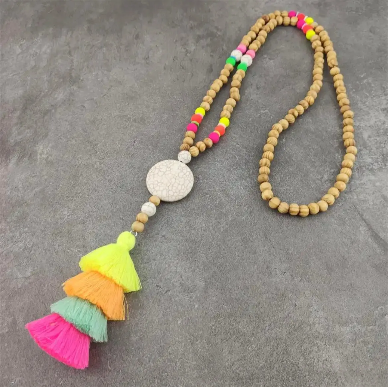 Wooden Beads with Heart/Circle Magnesite and Cotton Tassel | Erika Williner Designs