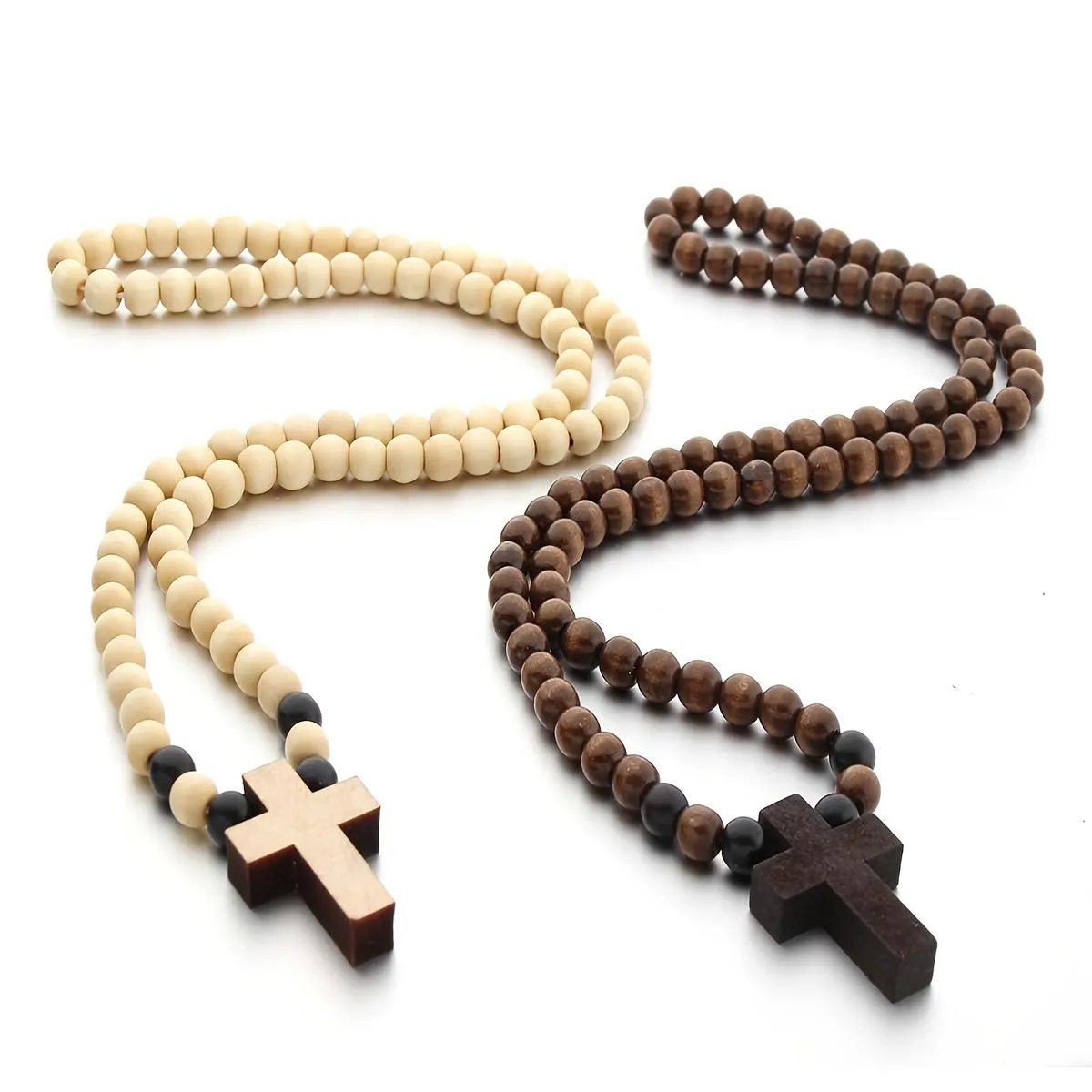Wooden Cross Beaded Necklace Pendant Natural Wood Cross Beads Chain