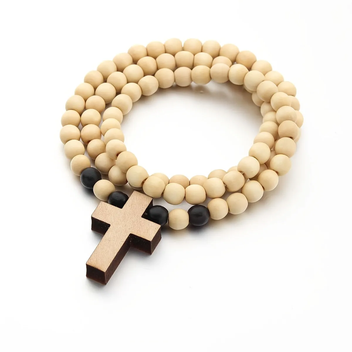 Wooden Cross Beaded Necklace Pendant Natural Wood Cross Beads Chain