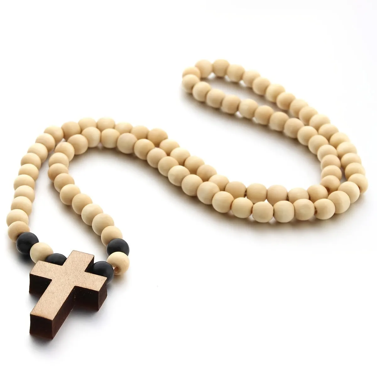 Wooden Cross Beaded Necklace Pendant Natural Wood Cross Beads Chain