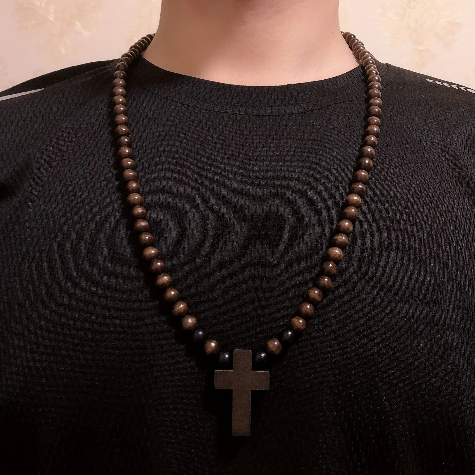 Wooden Cross Beaded Necklace Pendant Natural Wood Cross Beads Chain