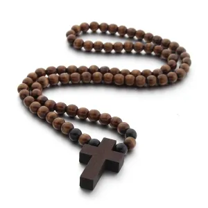 Wooden Cross Beaded Necklace Pendant Natural Wood Cross Beads Chain