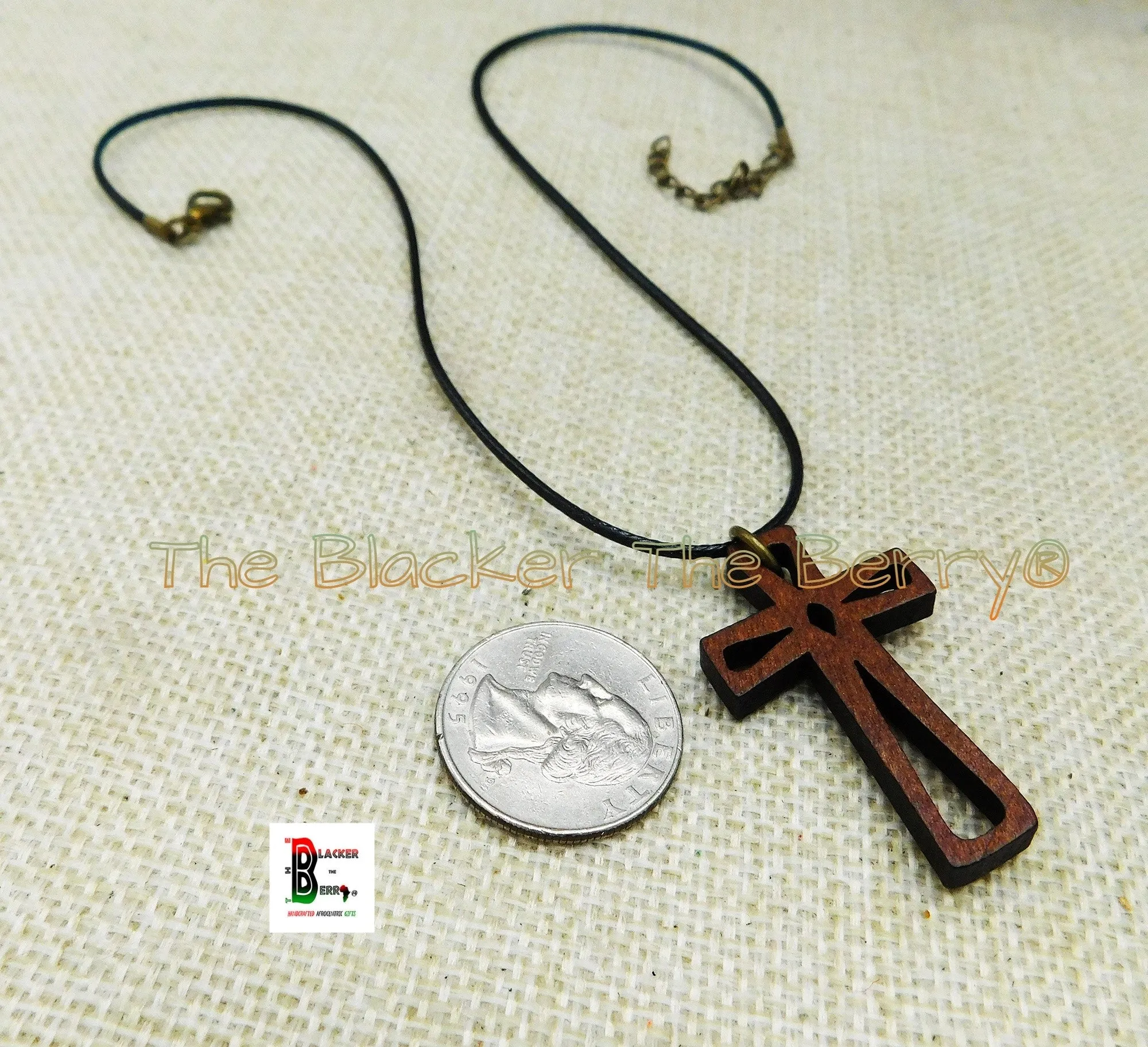 Wooden Cross Pendant Necklace Christian Jewelry Unisex Black Owned