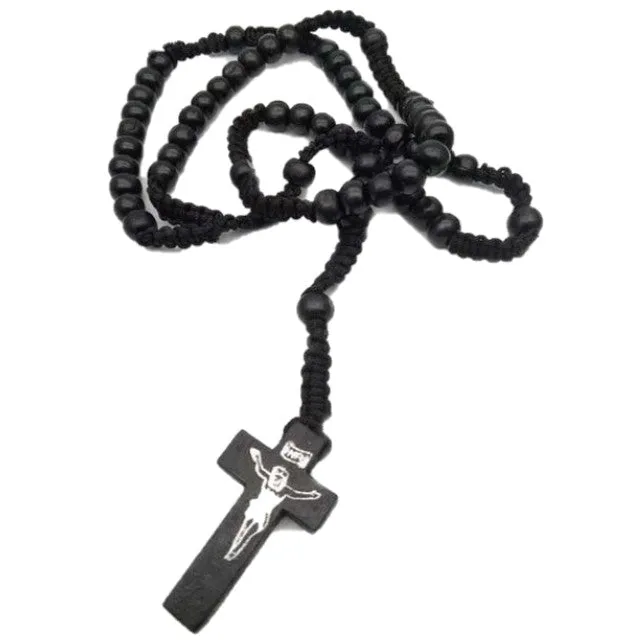 Wooden Cross Rosary Necklace