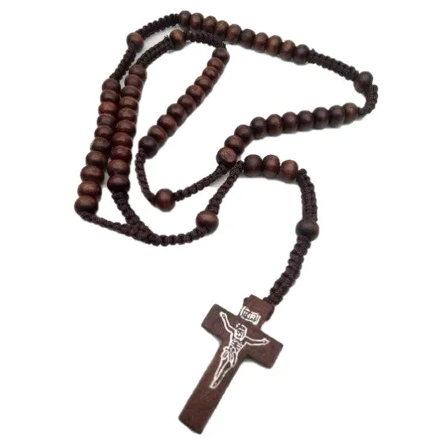 Wooden Cross Rosary Necklace