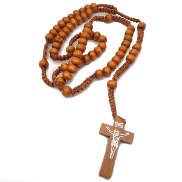 Wooden Cross Rosary Necklace