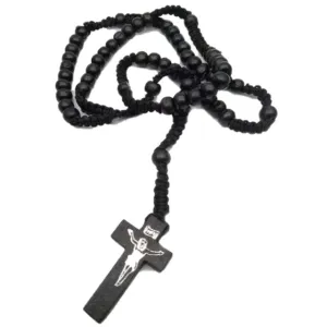 Wooden Cross Rosary Necklace