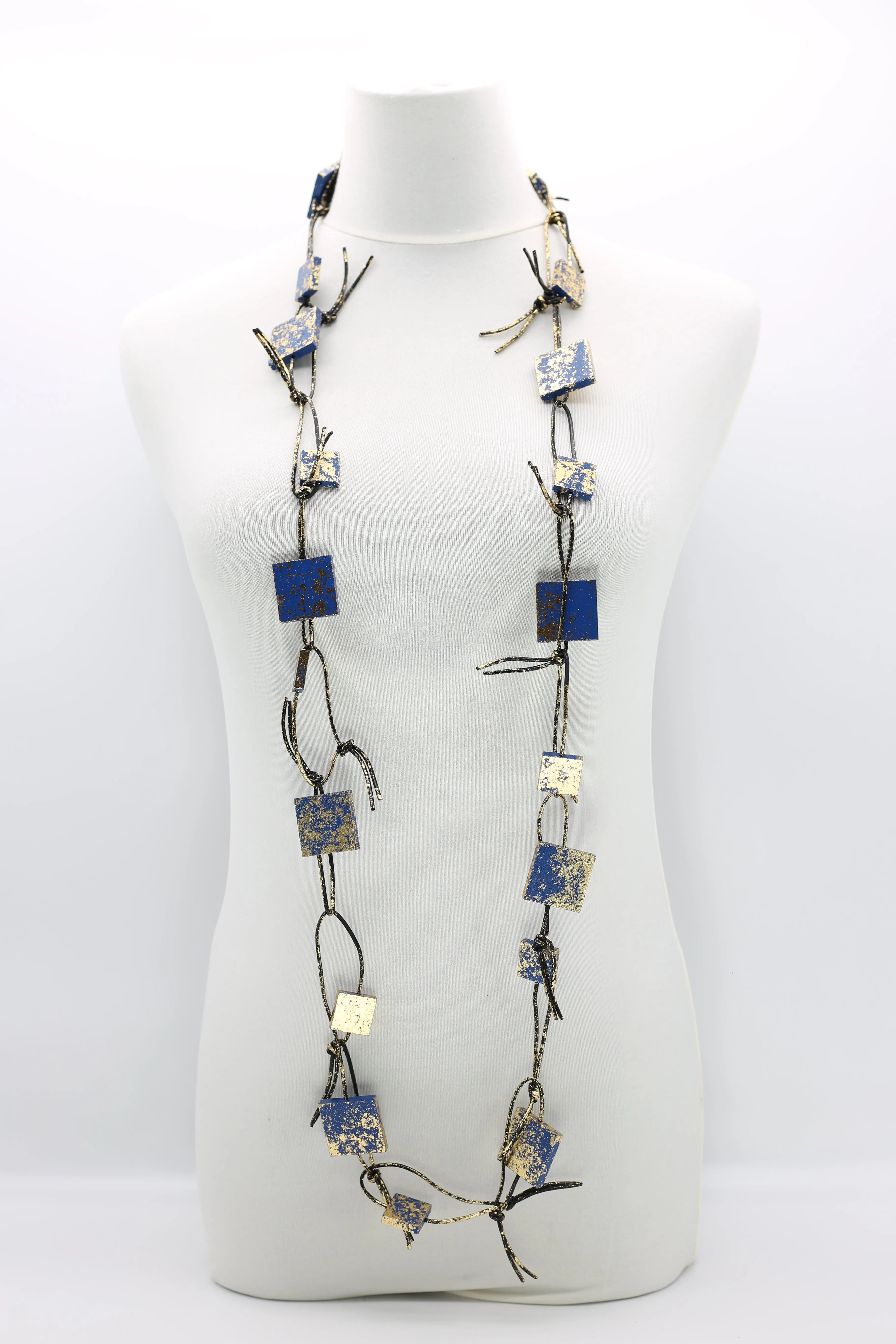 Wooden Squares on Leatherette Chain Necklaces - Hand gilded