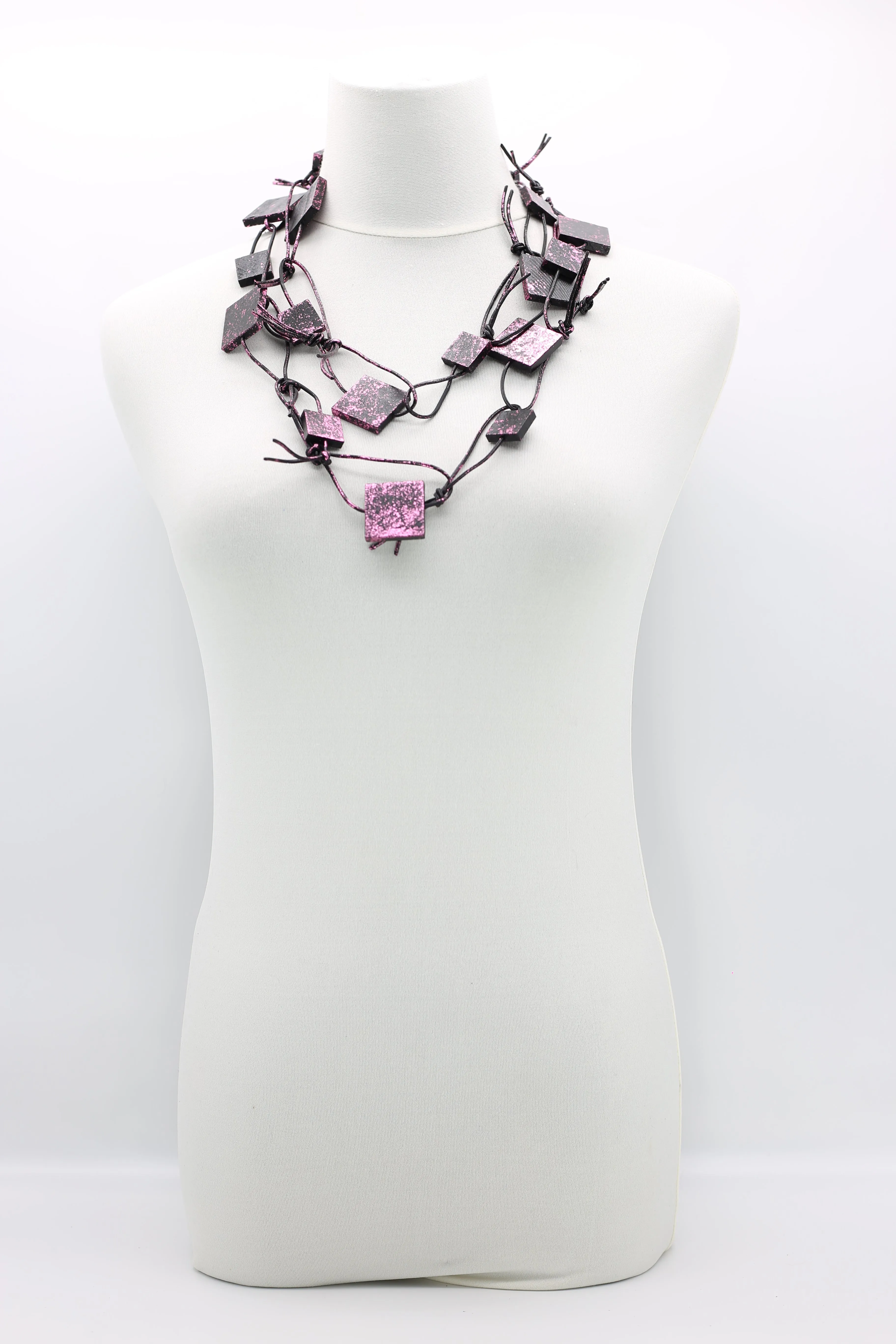 Wooden Squares on Leatherette Chain Necklaces - Hand gilded