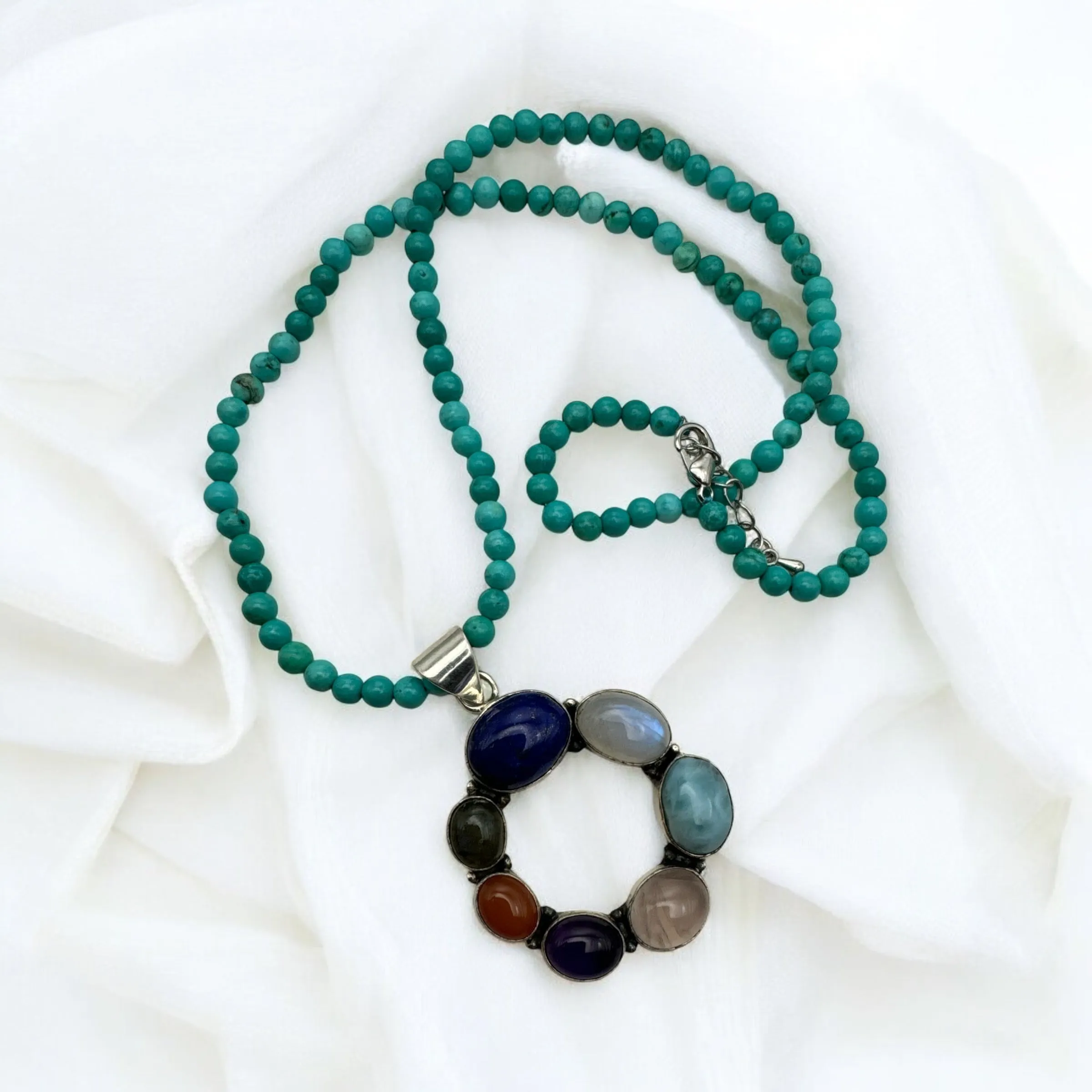 Wreath of Gemstones Solid 925 Sterling Silver Pendant Necklace