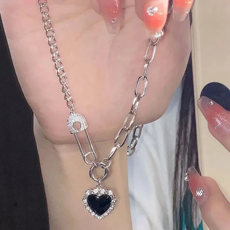Y2K Purple Crystal Heart Pendant Necklace Women Sweet Cool Girl Punk Clavicle Chain Fashion Aesthetic Necklace