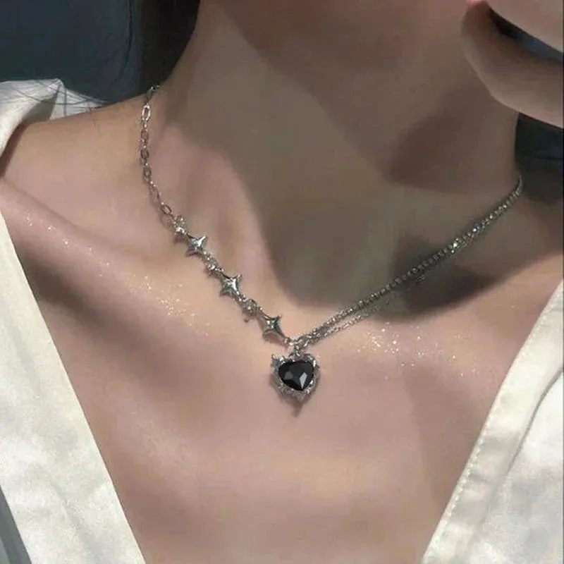 Y2K Purple Crystal Heart Pendant Necklace Women Sweet Cool Girl Punk Clavicle Chain Fashion Aesthetic Necklace