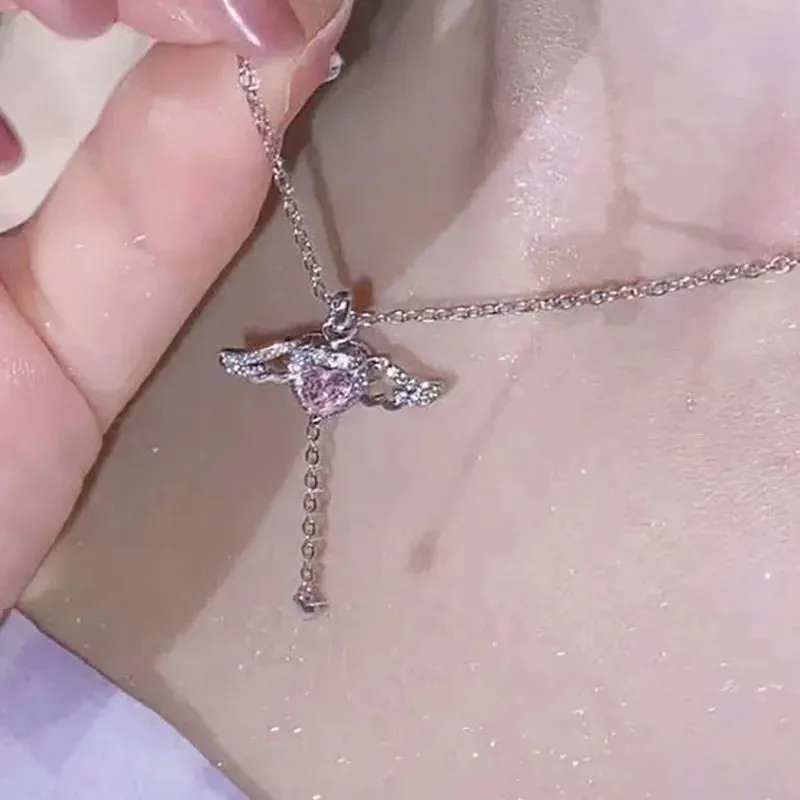 Y2K Purple Crystal Heart Pendant Necklace Women Sweet Cool Girl Punk Clavicle Chain Fashion Aesthetic Necklace