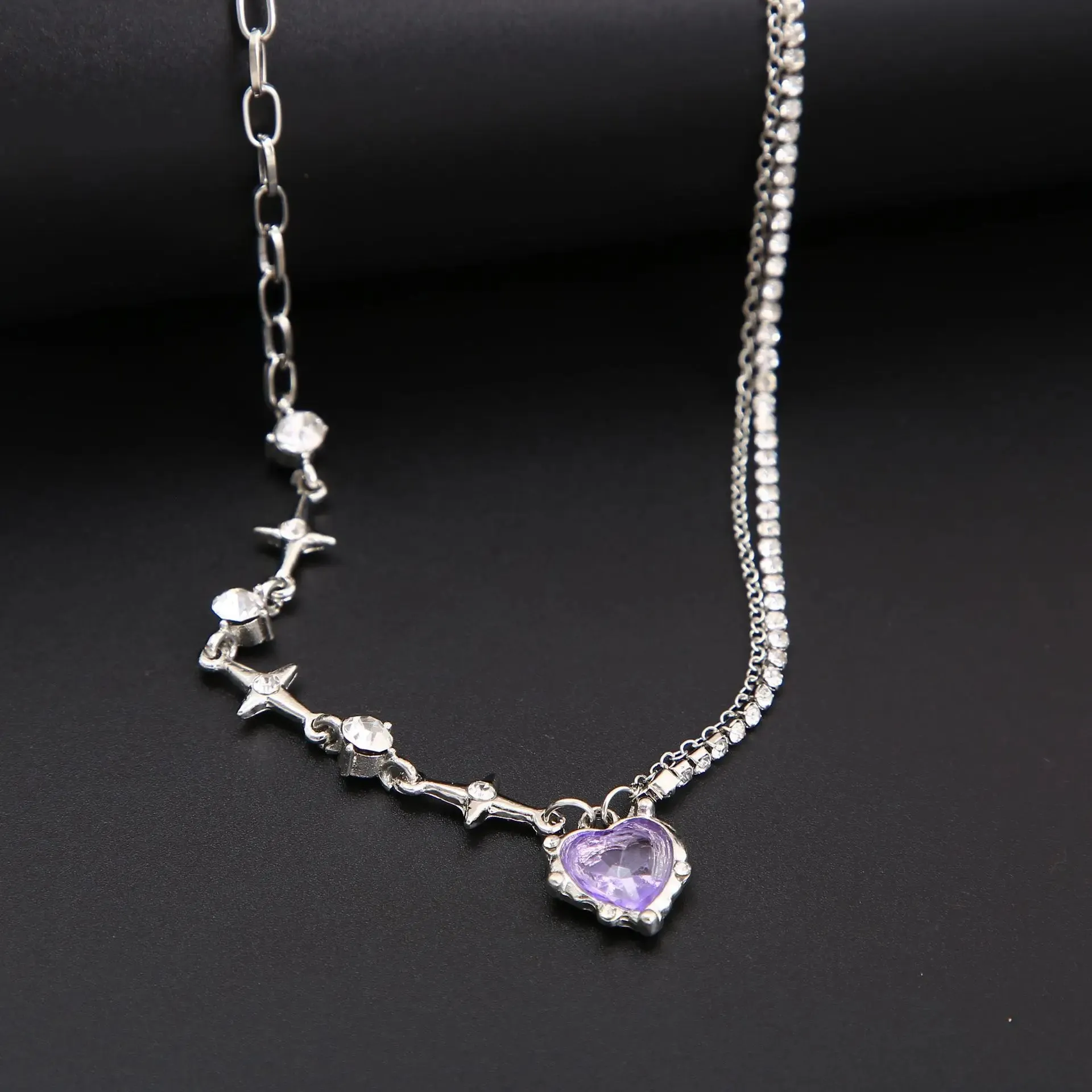 Y2K Purple Crystal Heart Pendant Necklace Women Sweet Cool Girl Punk Clavicle Chain Fashion Aesthetic Necklace