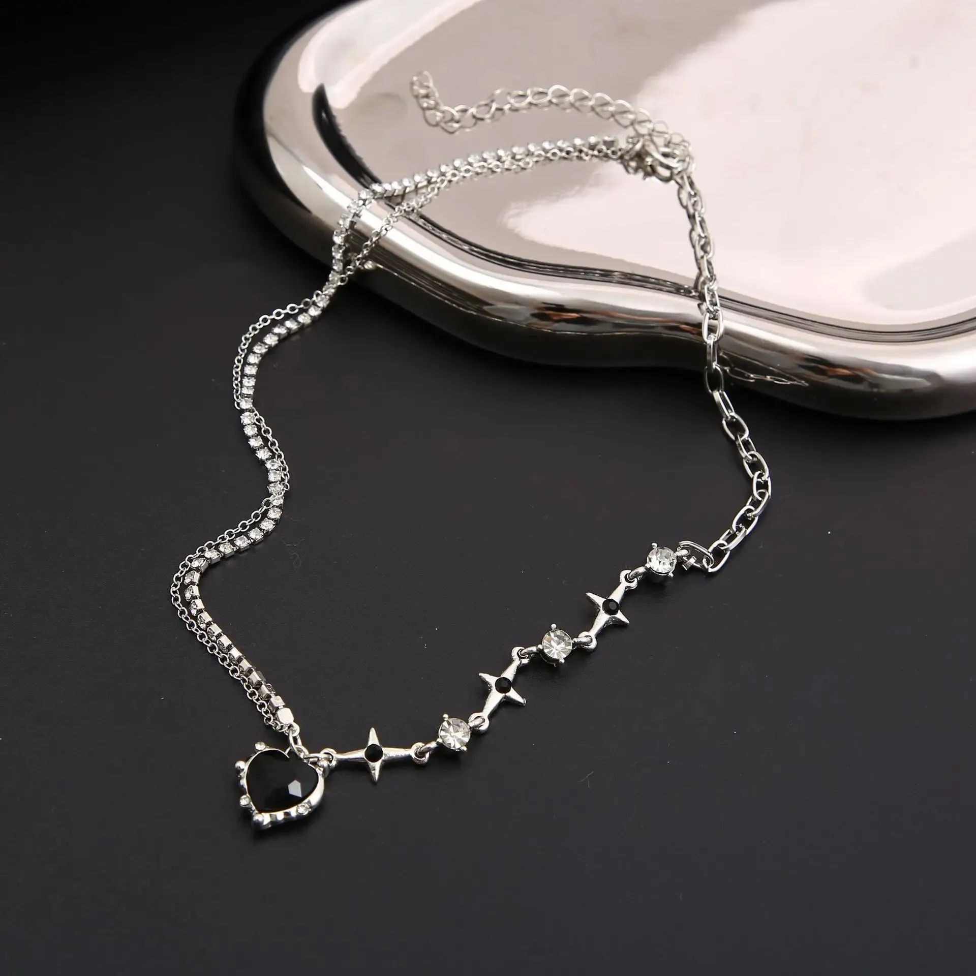 Y2K Purple Crystal Heart Pendant Necklace Women Sweet Cool Girl Punk Clavicle Chain Fashion Aesthetic Necklace