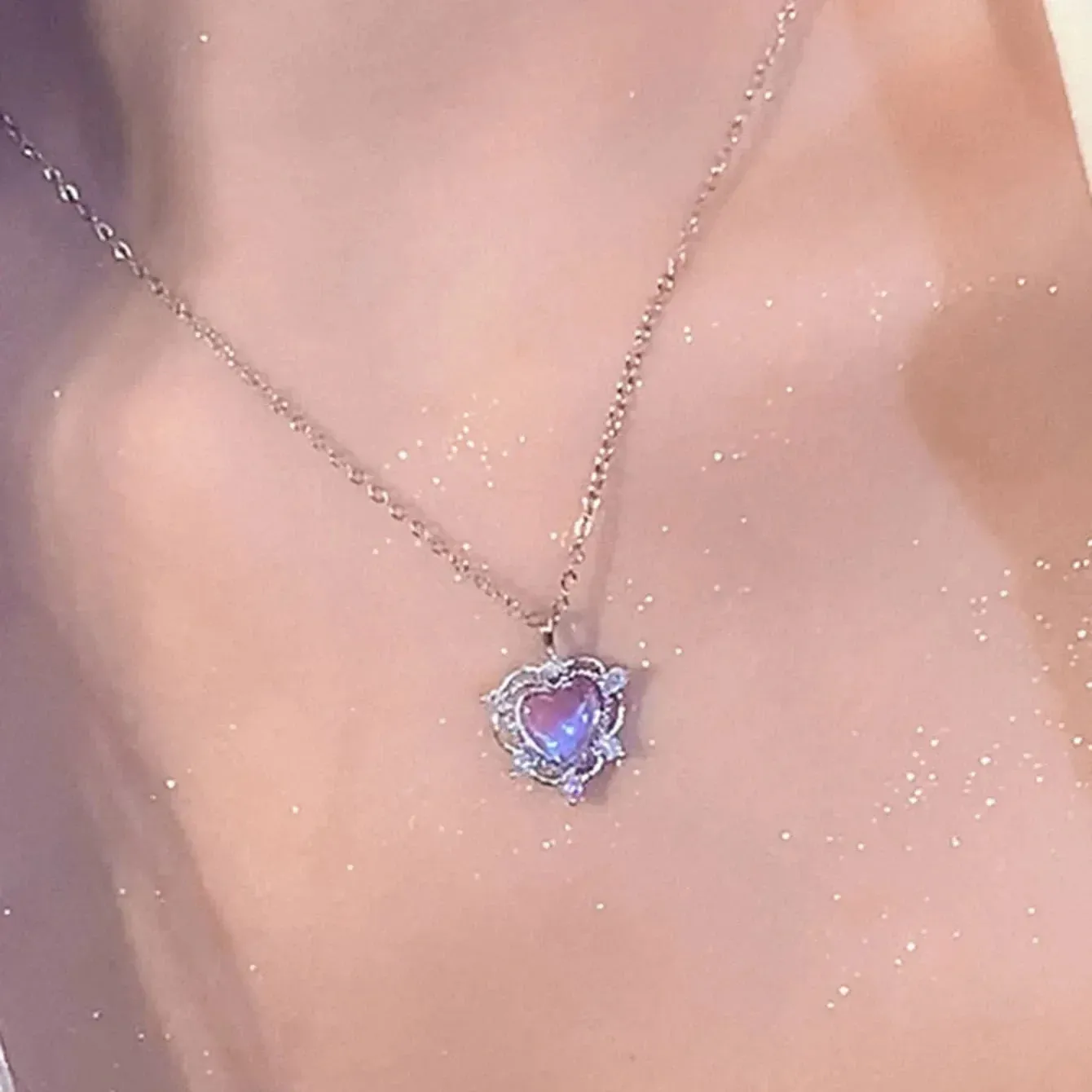 Y2K Purple Crystal Heart Pendant Necklace Women Sweet Cool Girl Punk Clavicle Chain Fashion Aesthetic Necklace