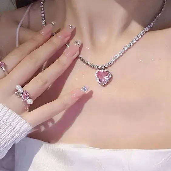 Y2K Purple Crystal Heart Pendant Necklace Women Sweet Cool Girl Punk Clavicle Chain Fashion Aesthetic Necklace