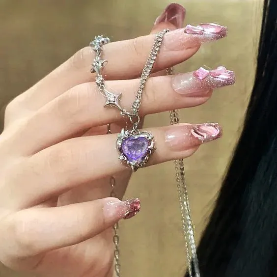 Y2K Purple Crystal Heart Pendant Necklace Women Sweet Cool Girl Punk Clavicle Chain Fashion Aesthetic Necklace