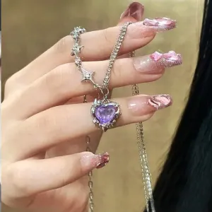 Y2K Purple Crystal Heart Pendant Necklace Women Sweet Cool Girl Punk Clavicle Chain Fashion Aesthetic Necklace