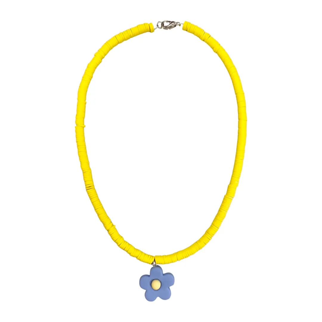 Yellow Beaded Necklace with Blue flower