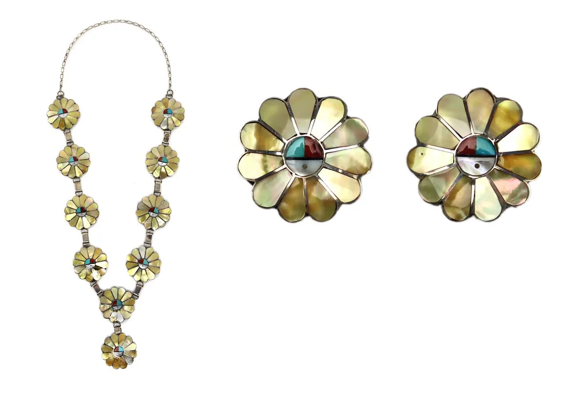 Zuni - Multi-Stone Channel Inlay and Silver Necklace and Post Earrings Set with Sunface Kachina Design c. 1990s
